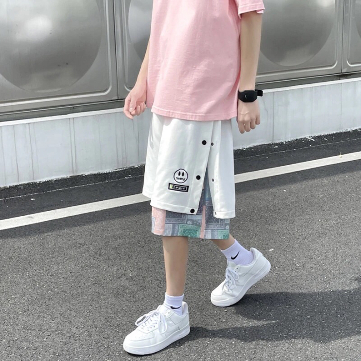 腰果花短裤男夏季薄款外穿假两件潮流宽松百搭...