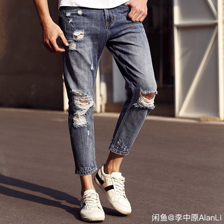 花花公子男士牛仔裤男夏破洞修身九分##am...
