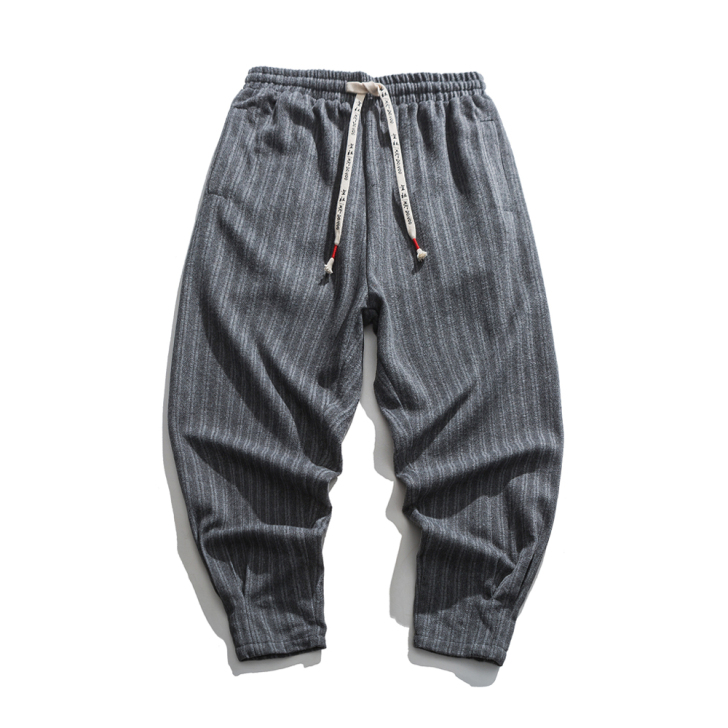 冬季竖条纹加绒加厚毛呢裤子男小脚长裤宽松哈...