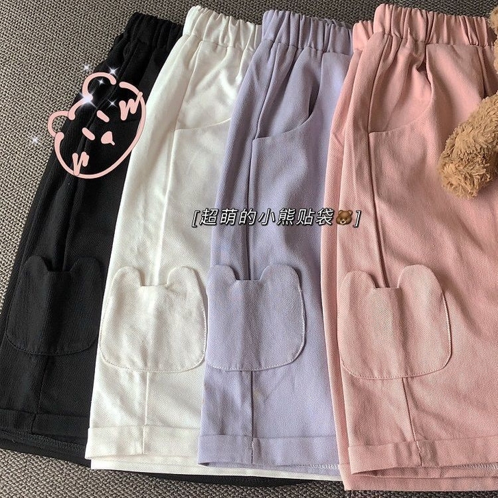 夏季日系阔腿裤软妹小熊口袋工装短裤女学生宽...