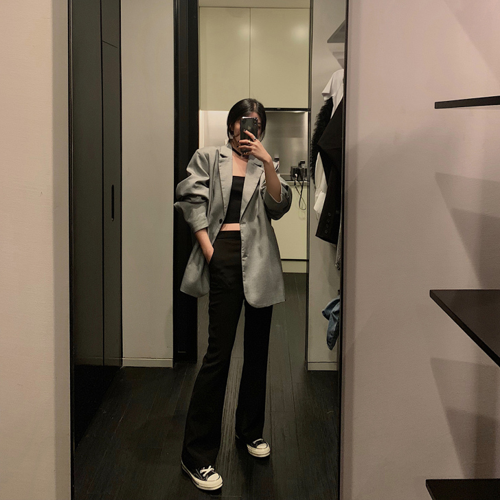 晶爷 微喇叭裤女高腰显瘦春秋黑色修身休闲直...