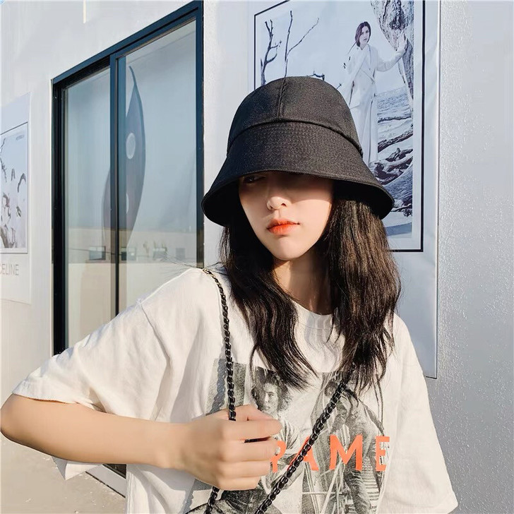 黑色日系直筒水桶渔夫帽女夏季ins潮薄款遮...