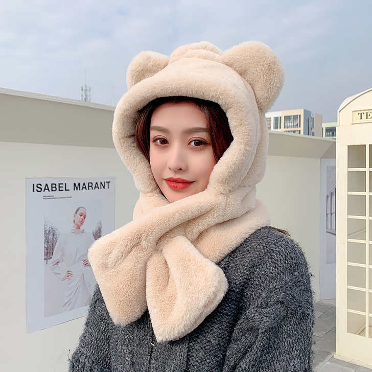 一体围脖帽子女冬天加厚保暖仿兔绒帽可爱小熊...
