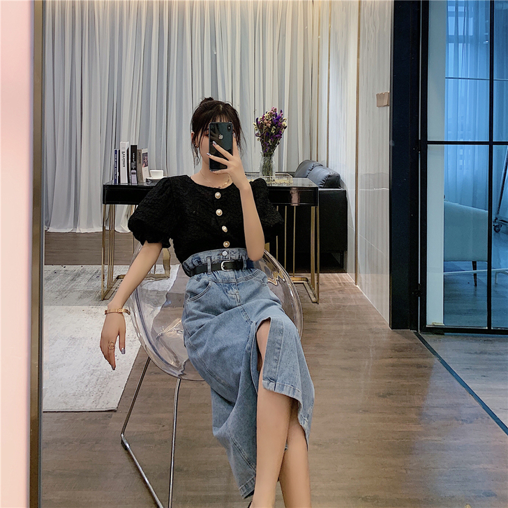 2021夏季新款韩版时尚高腰牛仔裙女百搭开...