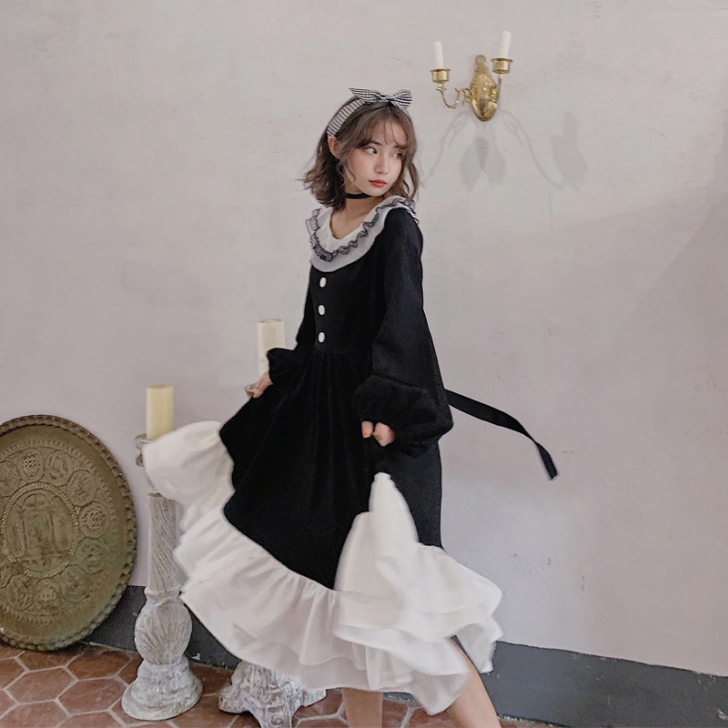 包邮！少女初恋日系原宿复古长裙法式黑甜风显...