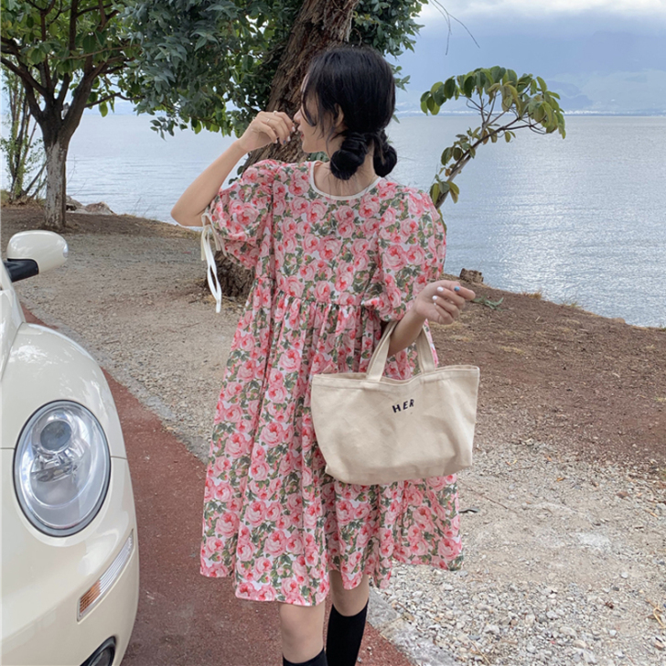 2021新款夏季时尚chic系带泡泡袖裙子...