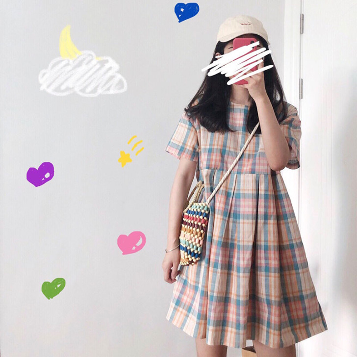 格子短袖高腰连衣裙2019新款夏宽松显瘦甜...