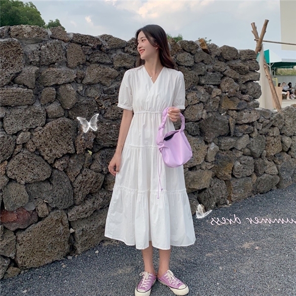 V领法式连衣裙新品短袖中长款女裙韩版收腰显...