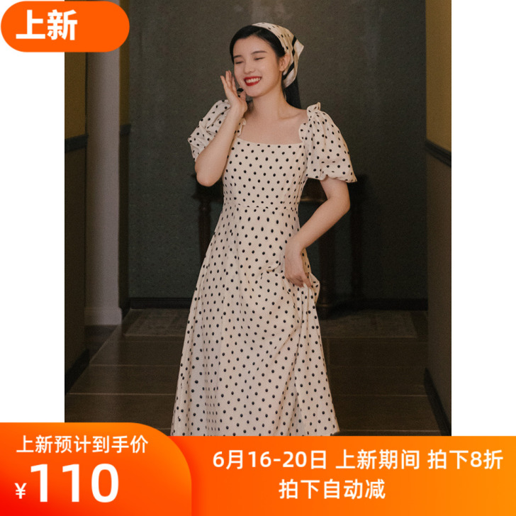 夏法式复古波点连衣裙气质女神范温柔风甜美初...