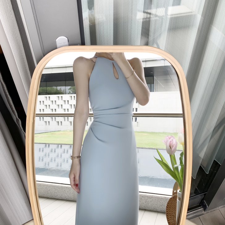 法式小众度假风吊带连衣裙设计感水滴领削肩复...