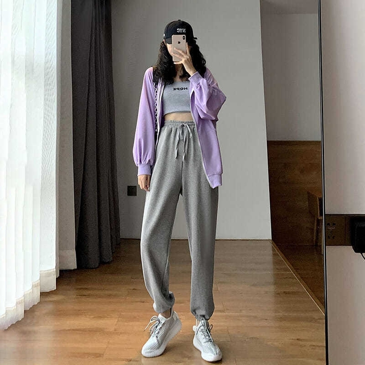 灰色运动裤女学生宽松束脚春秋季2020新款...