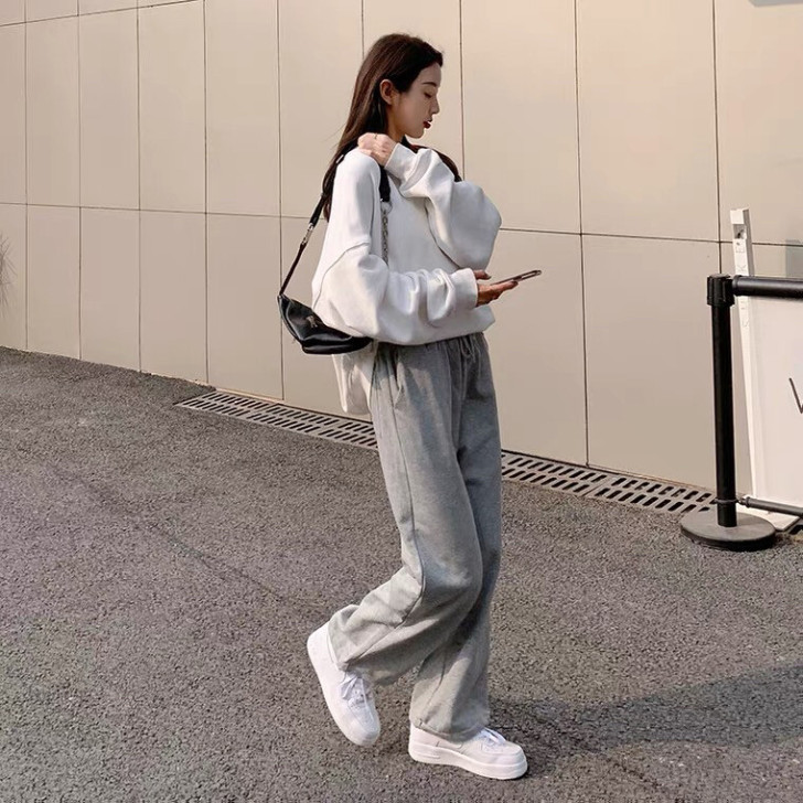 温姗灰色抽绳加绒休闲裤女宽松束脚运动裤in...