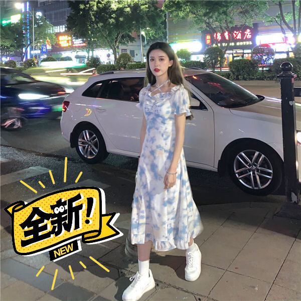 2021夏季新款吊带裙泡泡短袖纯欲扎染连衣...