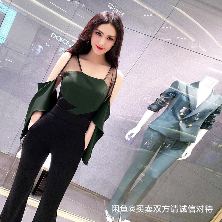型色缤纷夏装新款性感气质网纱拼接连体裤 显...