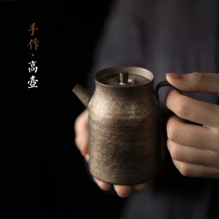 手工铁锈釉茶壶过滤鎏金粗陶复古家用日式功夫...