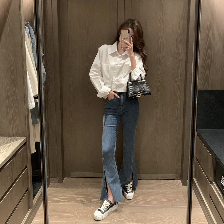 网红定制高腰开叉微喇牛仔裤女2021年新款...
