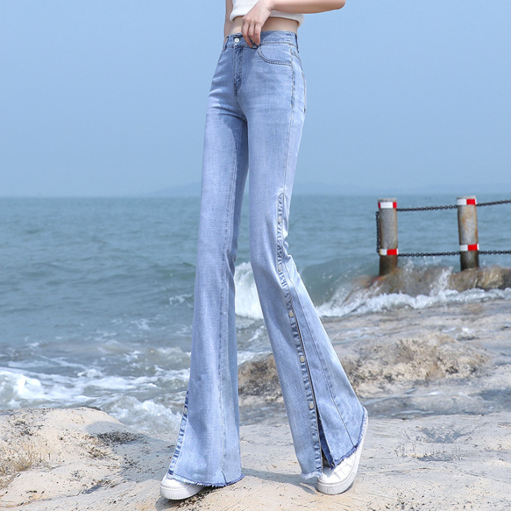 微喇开叉牛仔裤女2021年新款夏薄款高腰弹...