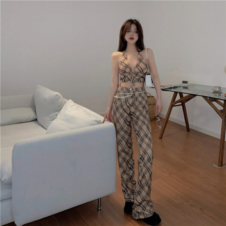 格子裤女夏季高腰阔腿裤复古喇叭裤拖地裤宽松...