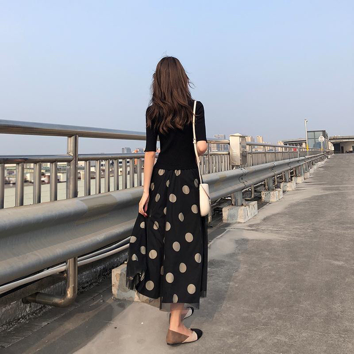 【清】新款2021秋装中袖连衣裙女波点网纱...