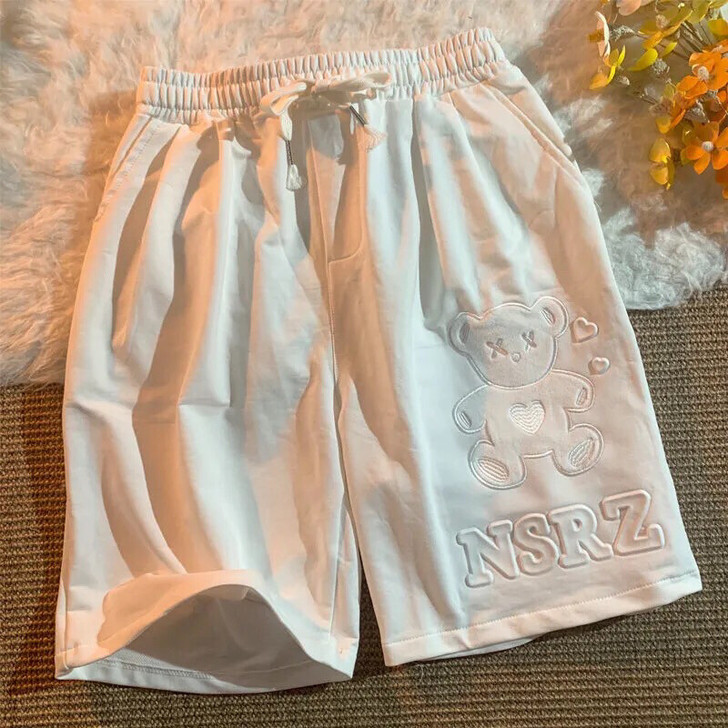 日系新款可爱毛绒小熊运动休闲五分裤男女夏季...