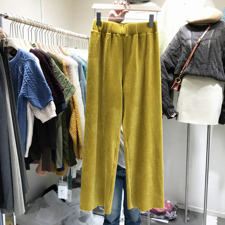 腰灯芯绒直筒休闲裤坑条宽松高腰加绒裤子女