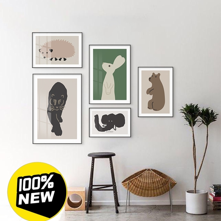 森林动物北欧文艺儿童房装饰画ins风绿色卡...