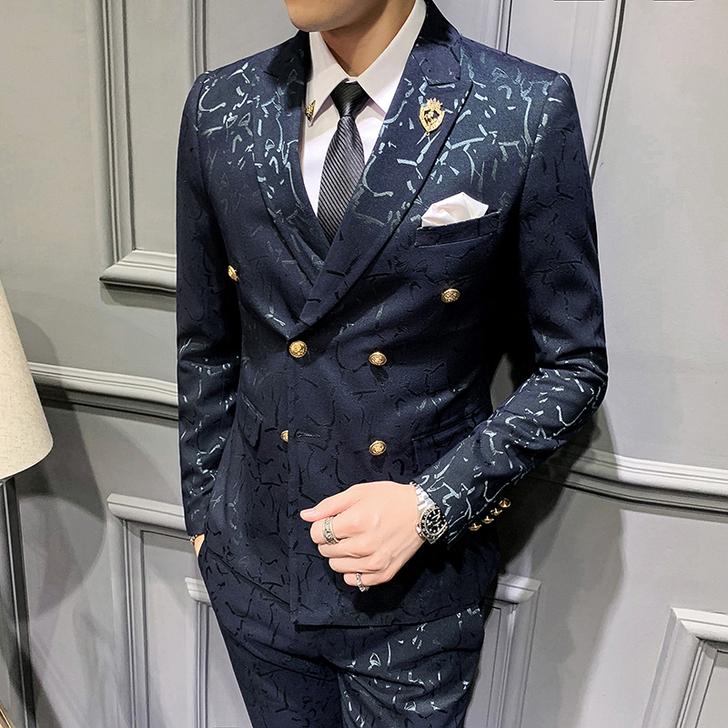 西装男套装结婚提花晚宴新郎礼服修身主持人潮...