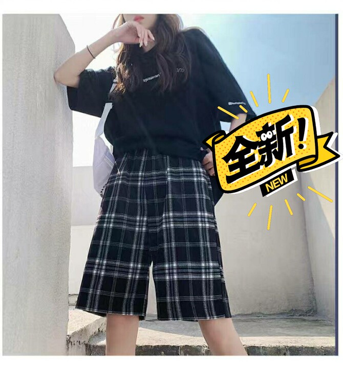 【15包邮】女学生夏宽松高腰格子短裤休闲中...