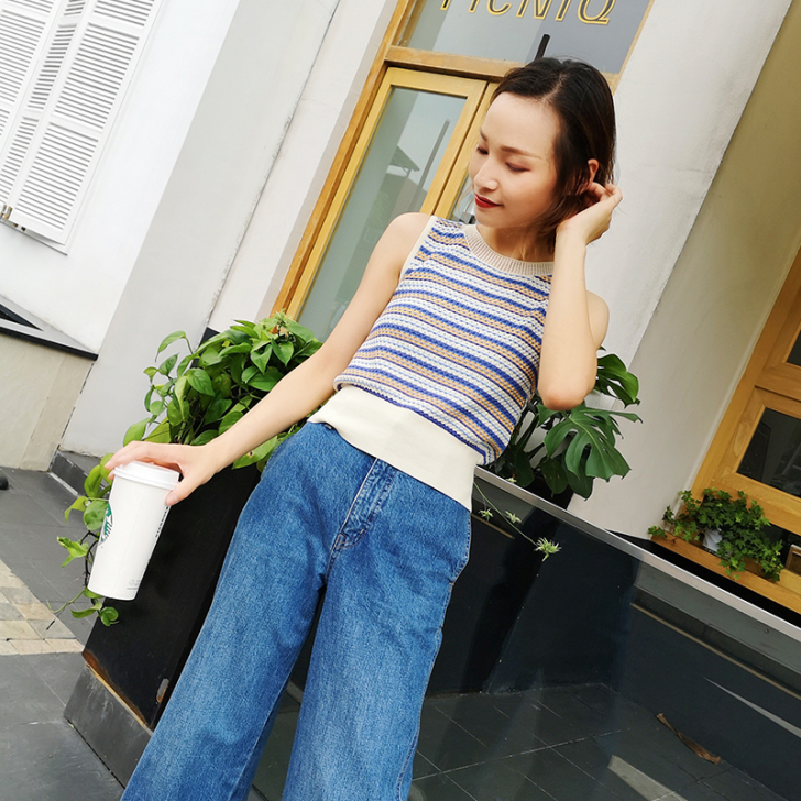 度假条纹背心2019新款夏季百搭拼色内搭短...