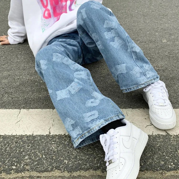 马思唯fff同款高街牛仔裤ins潮牌直筒宽...