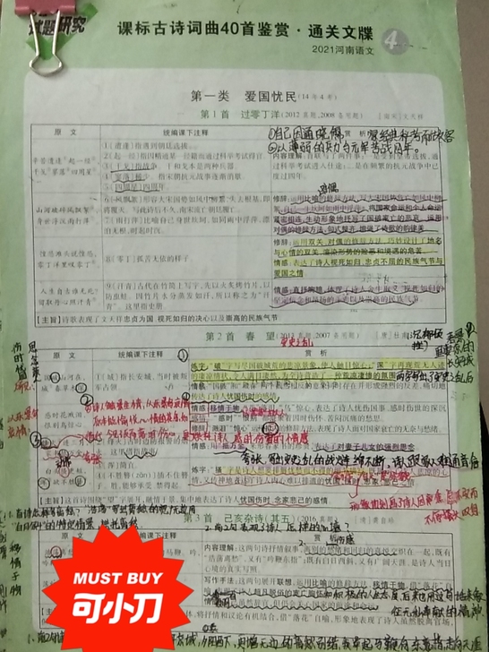 中考语文必备四十首诗，笔记详细 共九页。