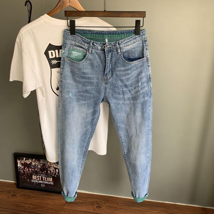 夏季薄款水洗冰心男9弹萝卜牛仔裤 服饰工艺...