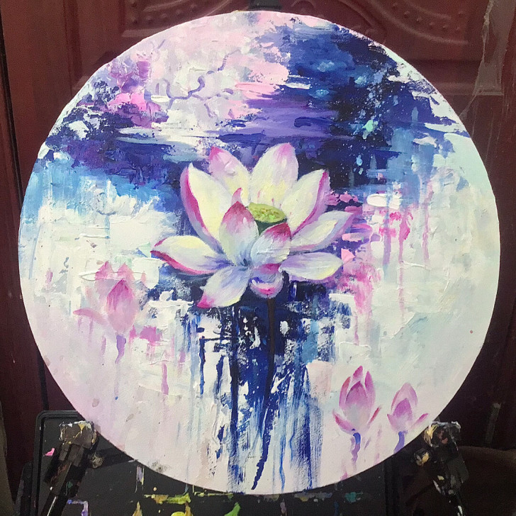 丙烯画 荷花 木框油画布 纯手绘所见即所得