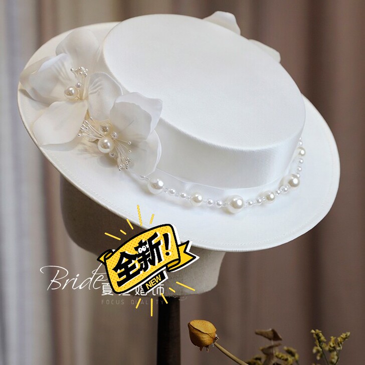 新品质感缎面花朵新娘礼帽欧式平顶旅拍影楼花...