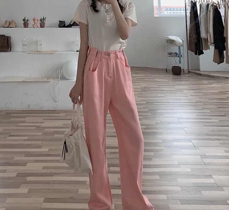 粉色女裤直筒宽松显瘦拖地阔腿裤 只有L...