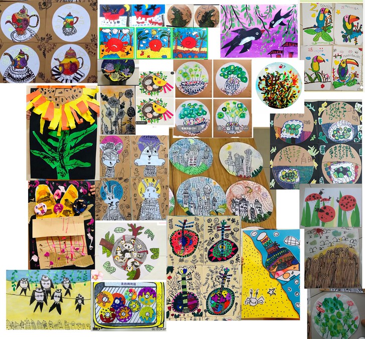 美术作品。都是小朋友画的4-6岁,8开的!...
