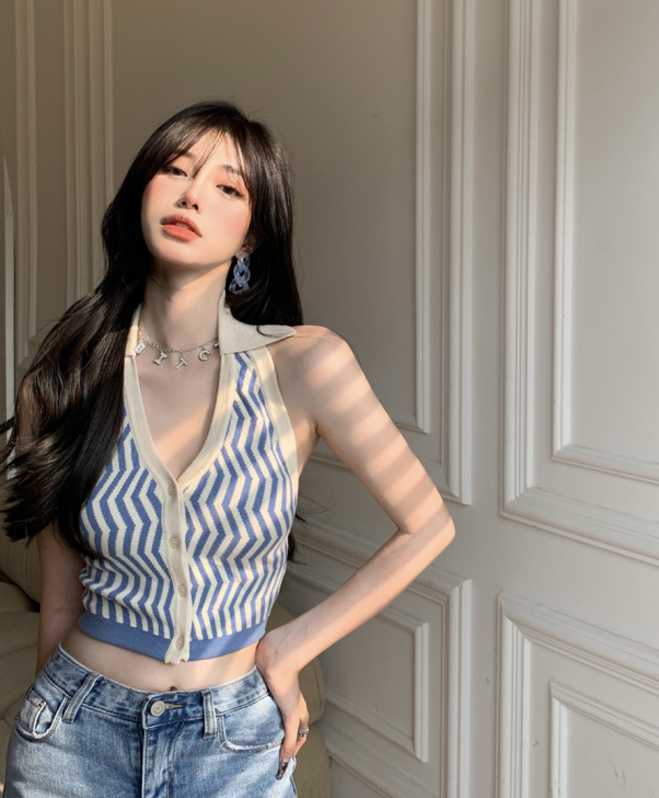 欧美吊带背心条纹挂脖露背性感针织打底衫女夏...