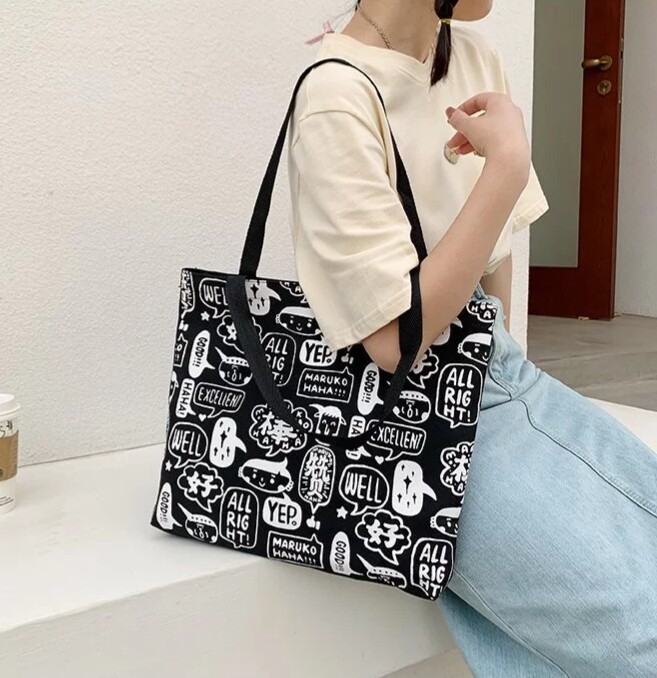 帆布包女单肩日系ins插画包包女古着可爱潮...