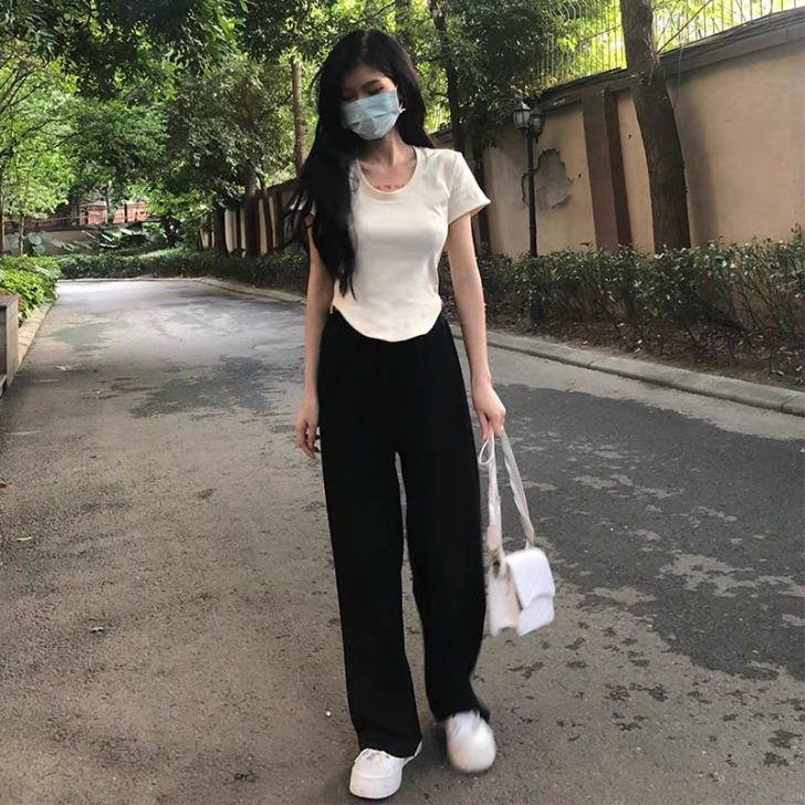 冰丝阔腿裤女高腰薄款垂感宽松黑色休闲直筒坠...