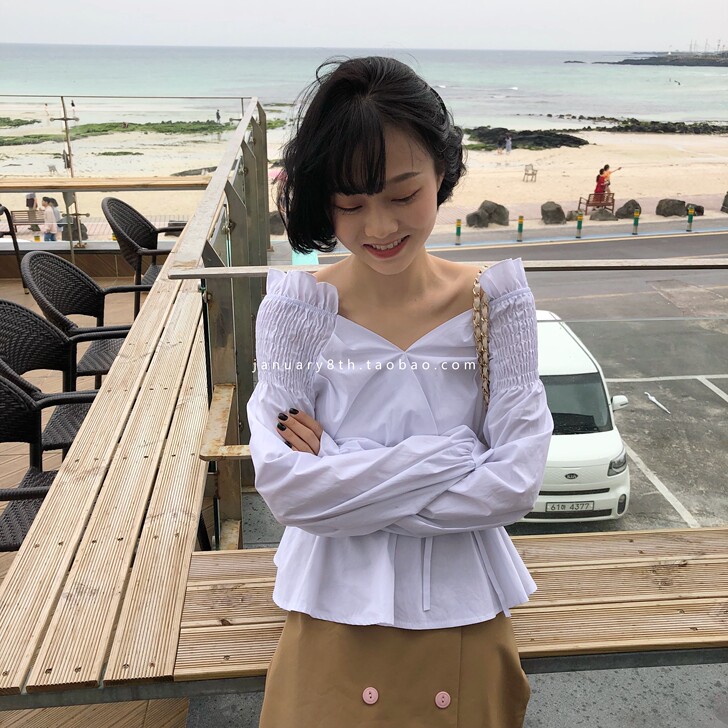 女朋友系列 一字肩 收腰抽绳 绑带 灯笼袖...