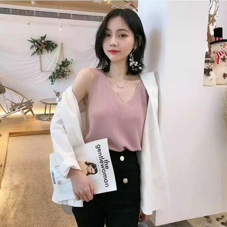 冰丝吊带背心女外穿夏季无袖针织衫韩版宽松V...