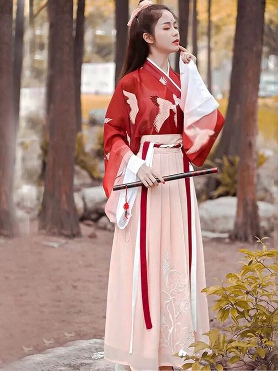 汉服女原创齐腰襦裙交领仙鹤直袖渐变超仙女裙...