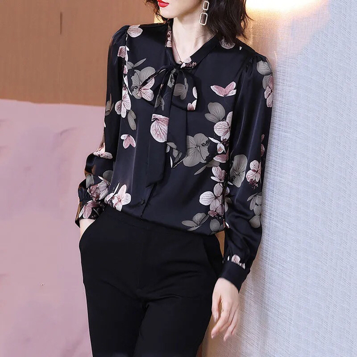 碎花衬衫女春季新款长袖2021时尚洋气系带...