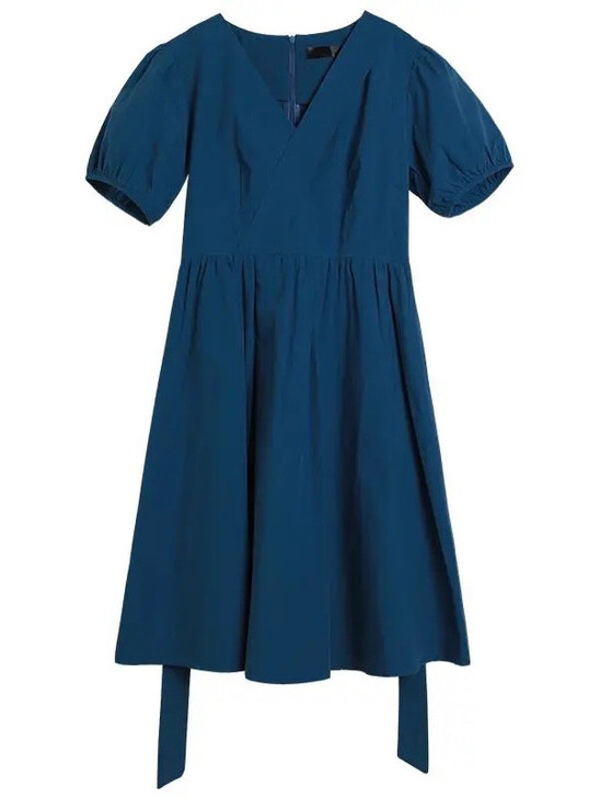 全新！蓝色中长款连衣裙夏季收腰显瘦泡泡袖 ...