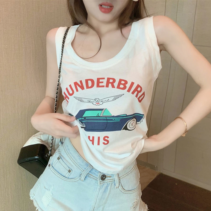 字母印花无袖背心女夏外穿潮宽松显瘦短款上衣...