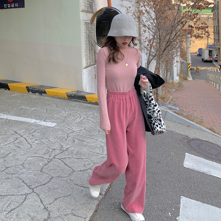 小野智恩  秋季新款丝绒坑条裤子女宽松直筒...