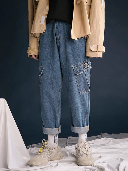 ulzzang男士牛仔裤秋冬宽松直筒九分长...