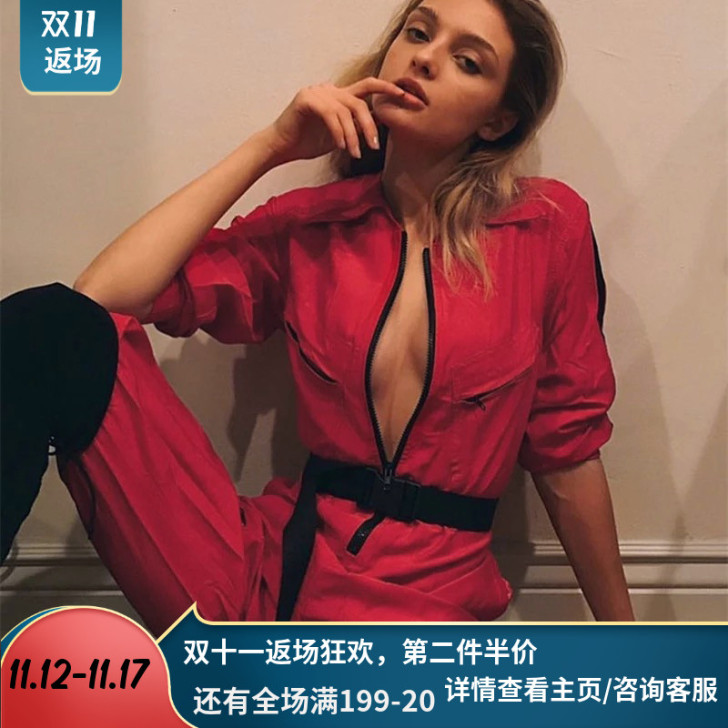 欧美街头宽松长袖高腰拉链连体工装裤女秋装新...