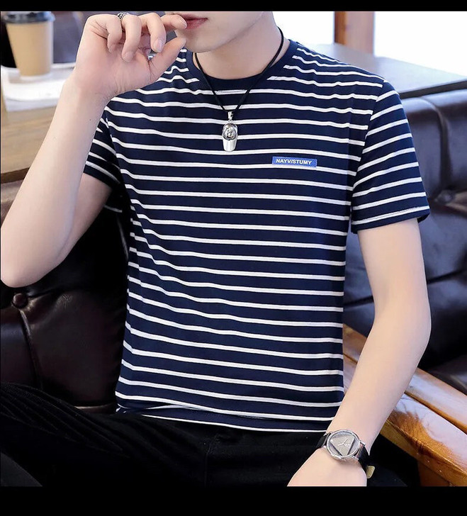 【纯棉】新款圆领短袖T恤男条纹短袖男青少年...