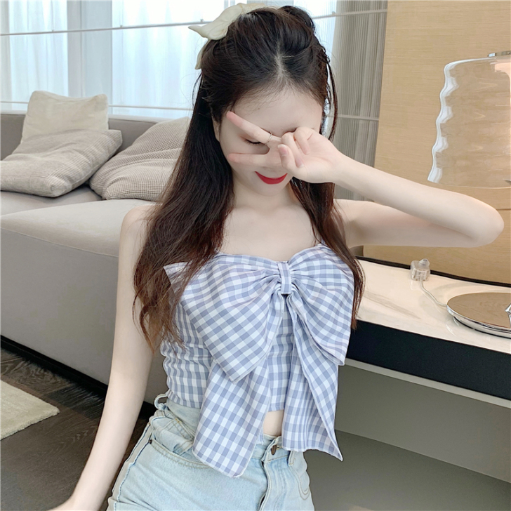 夏季蝴蝶结性感小心机吊带女短款露脐打底衫内...